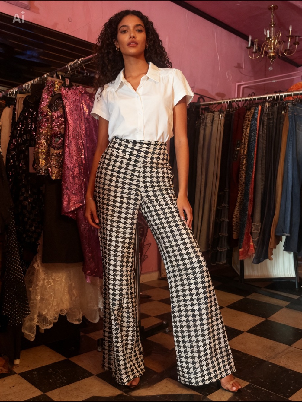 High-Waist Houndstooth Wide-Leg Pants - Black & White